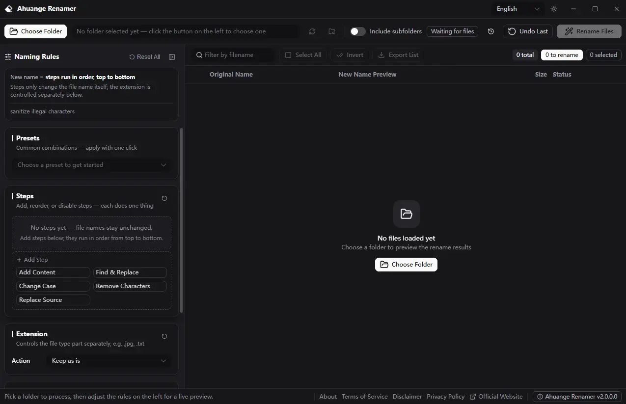 Ahuange Renamer naming rules panel with stacked multi-step rename rules and live preview