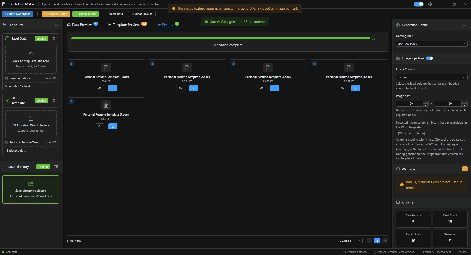 Batch Run Progress - Watch each document generate in real time with a live progress bar and per-file status View each file separately or export them separately.